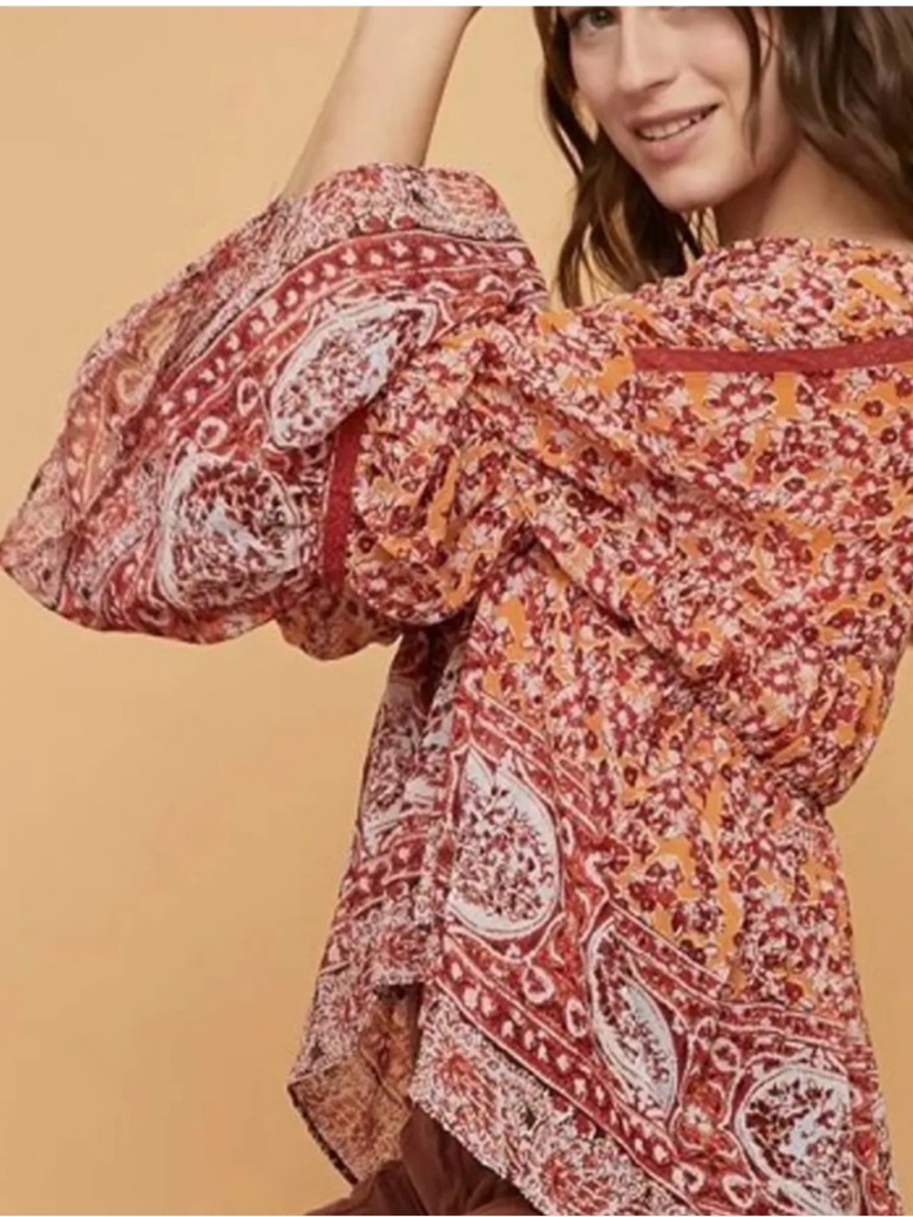 Free People Rust Floral Tiered Peasant Blouse